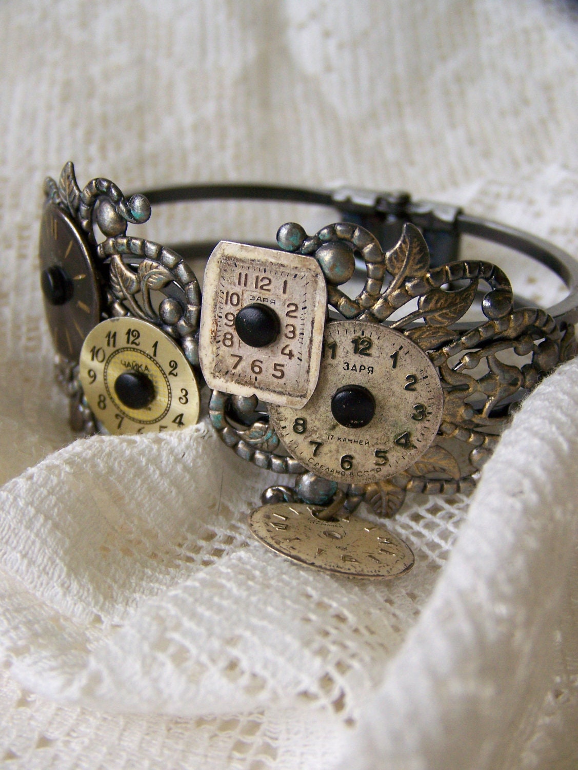 Watch Face Bracelet Handmade Watch Vintage Clock Altered   Bracelet Filigree Bracelet Vintage Ornate Charm Bracelet Cuff Bracelet