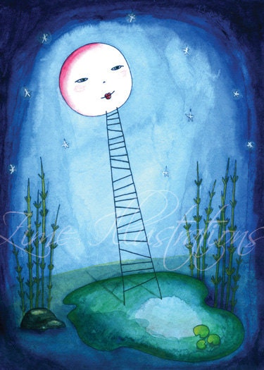 FREE SHIPPING Nursery room decor - dark blue night  - moon sky star - 8 x 11 print from my original illustration