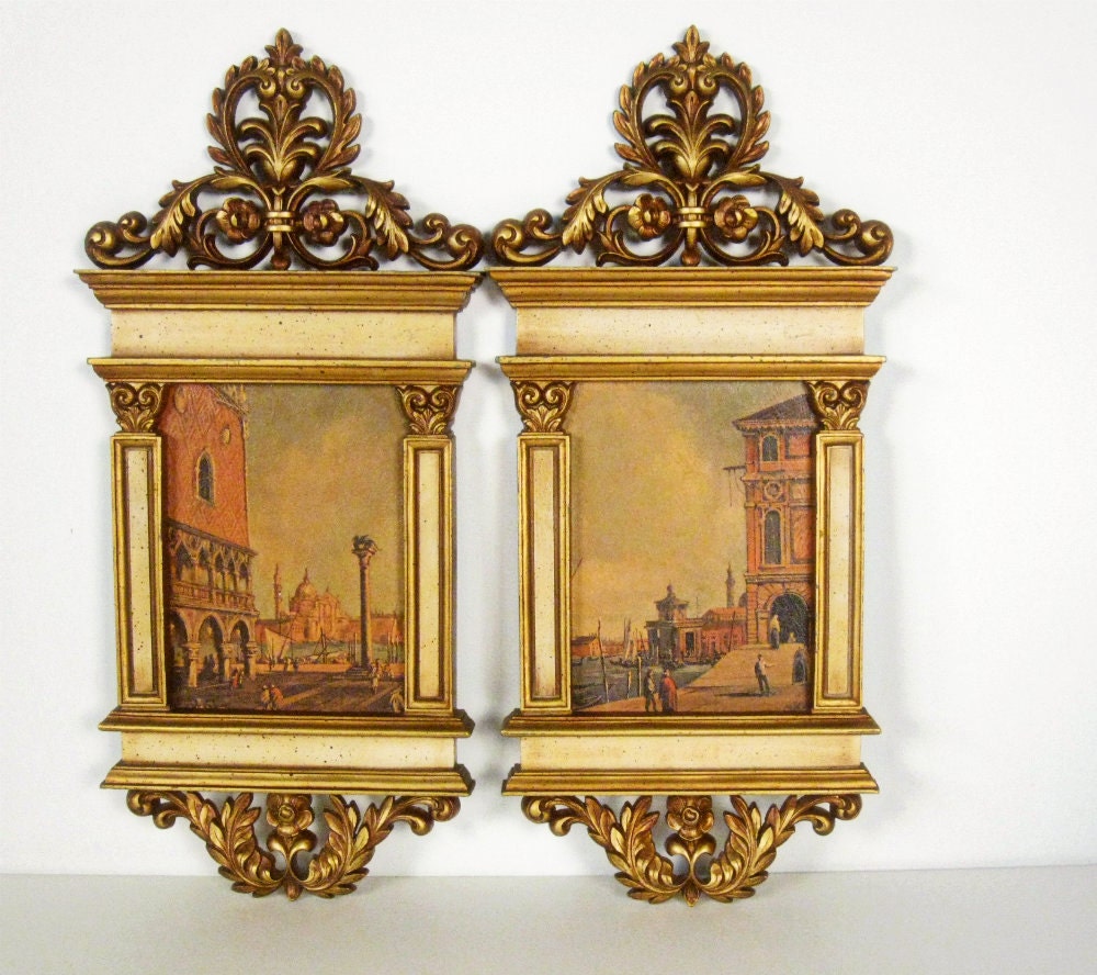 vintage Hollywood Regency Venice Syroco lithograph plaques - set of 2