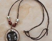Snake totem necklace - Cherry wood, deerskin and ball python skin pendant on braided cord necklace with copper and wood beads