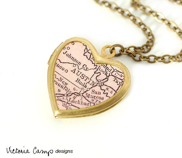 Austin Map Necklace, Vintage Brass Heart Locket, Antique Map Jewelry, Map Locket