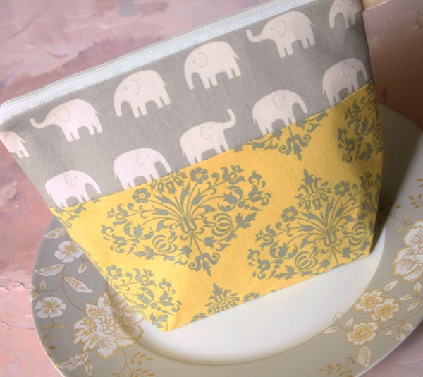 Cosmetic Bag, Zipper Top Pouch, Zipper makeup Bag in Elegant  Elephants