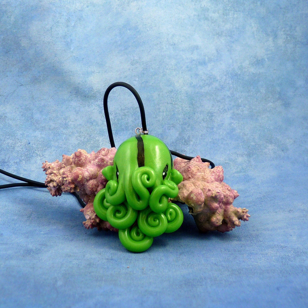 Green Octopus Necklace, Handmade Polymer Clay Sea Life Jewelry