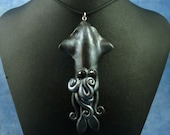 Antique Silver Squid Necklace - Polymer Clay Squid Jewelry