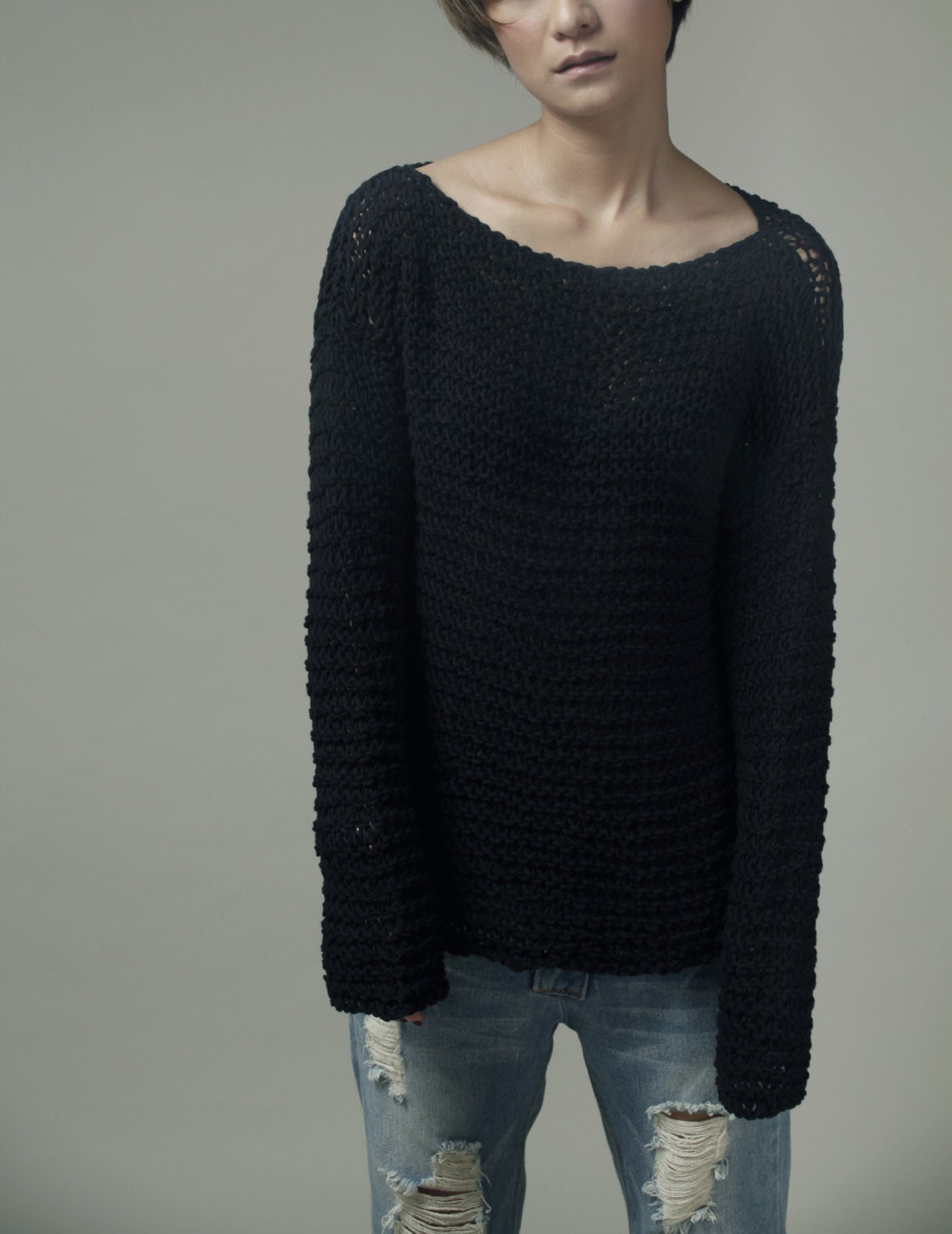 Simple is the best - Hand knitted sweater Eco cotton oversized black