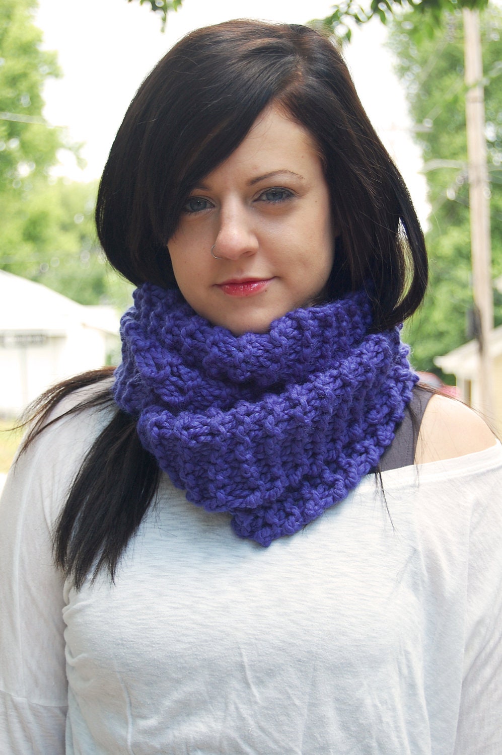 Wool Blend Infinity Scarf in Indigo // Knitted Circle Scarf // Long Blue Cowl