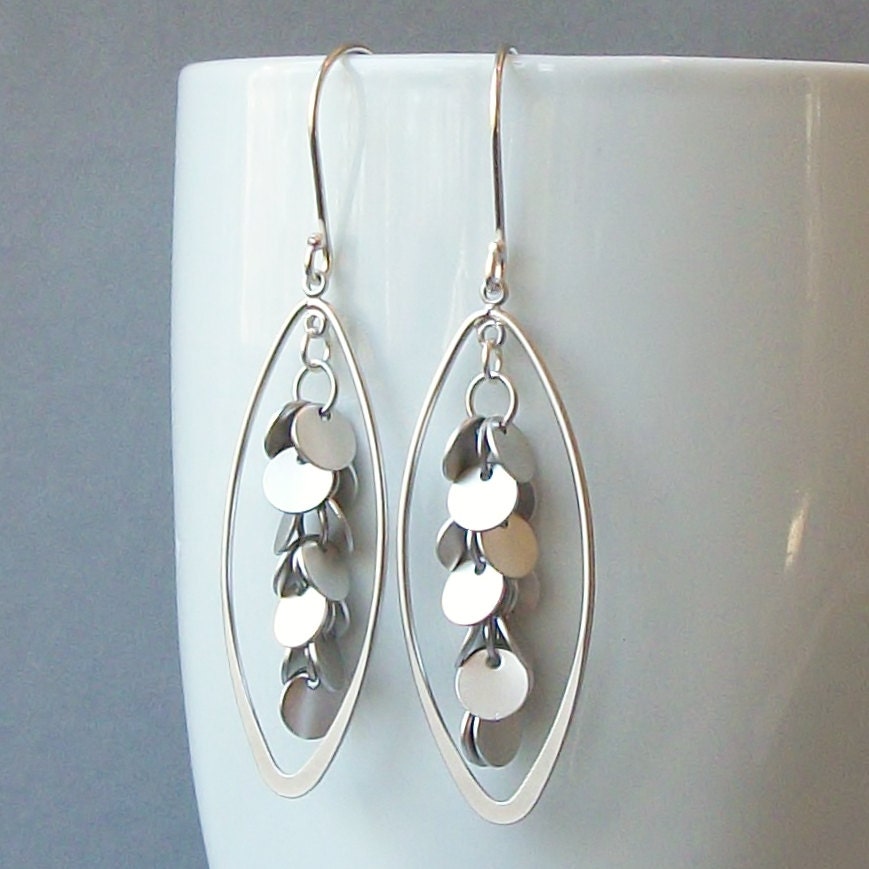Silver Disk Dangle Earrings, Silver Cluster Earrings