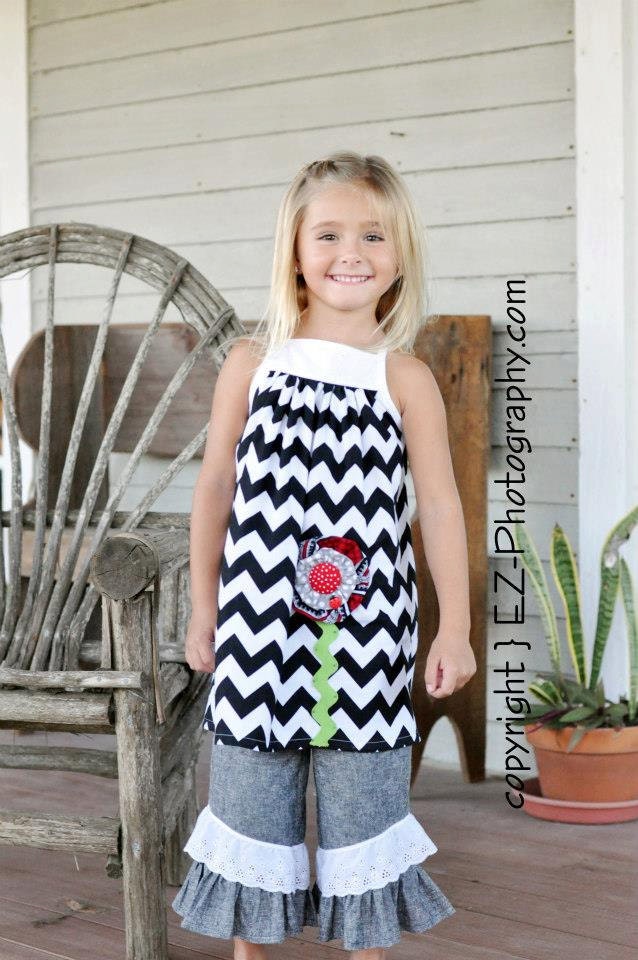 Girl's Black Chevron Dress or Tunic, Flower Applique and Lace Yoke, Size 5, Ready to Ship