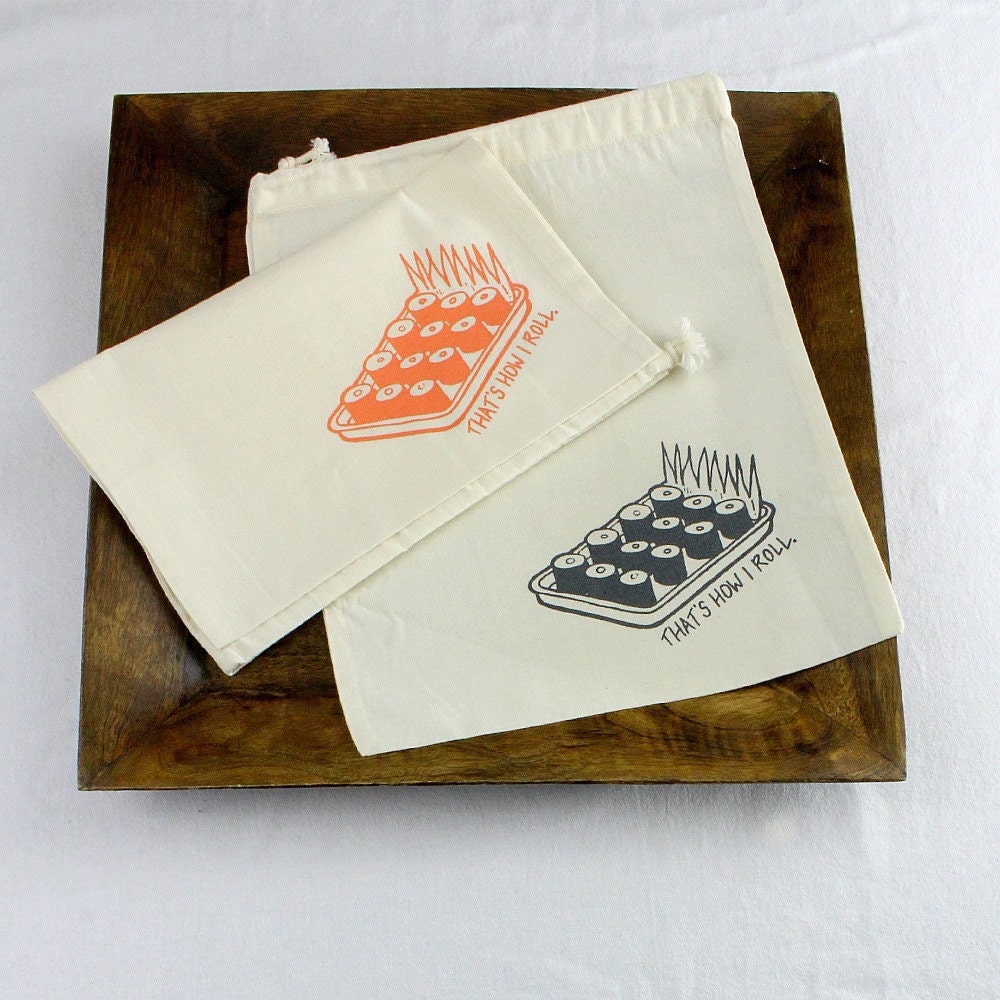 reusable sack set of 2 produce bags organic cotton sushi that's how I roll print screen printed with steel gray and peach ink
