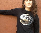 Sale, Unisex Adult Moon Raglan - full moon graphic with crescent, metallic silver foil screenprint, black long sleeve pullover shirt