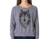 Women's Grey Wolf Raglan, heather gray long sleeve shirt, sexy scoop neck pullover, hand screenprint, woodland gift for her