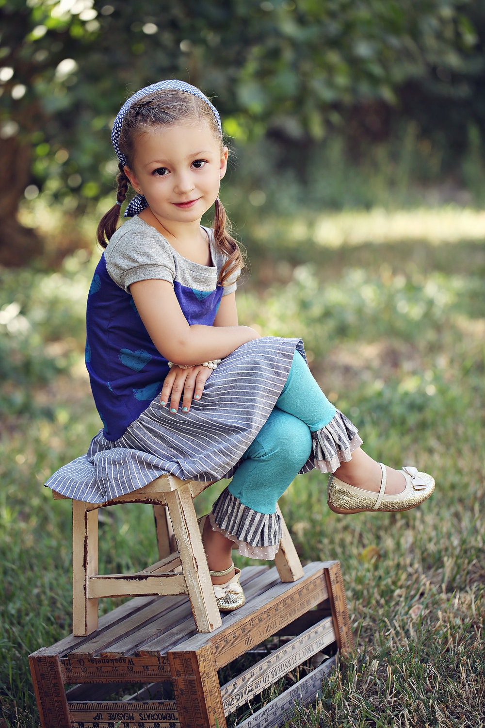 Drop waist knit dress in whimsical berry blue with teal hearts and stripes - Bluebell Dress 12m/18m, 2T, 3T, 4T, 5, 6, 7/8, 9/10
