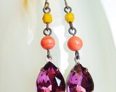 Purple Glass Earrings Vintage Rhinestone Jewel Dangles Plum Coral Victorian Jewelry