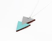 Geometric, double triangle wooden necklace - grey, aqua blue - minimalist, modern jewelry - color blocking