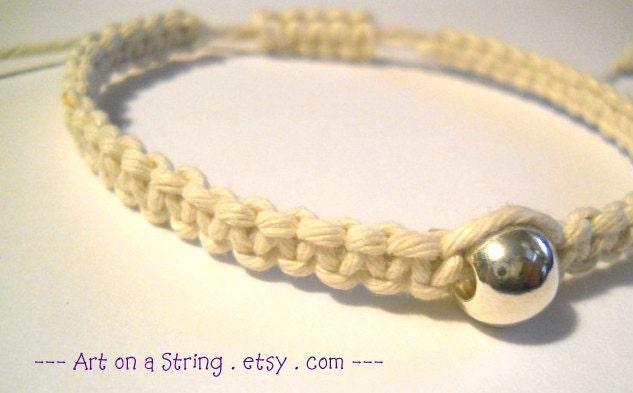 White Macrame Bracelet with Sterling Silver Bead & adjustable Sliding Knot Closure, Handmade Arm Candy