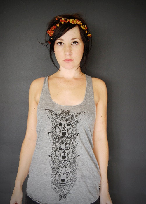 Wolf Totem - womens tri-blend racerback jersey tank top - Wolf Wolves modern - by Bark Decor