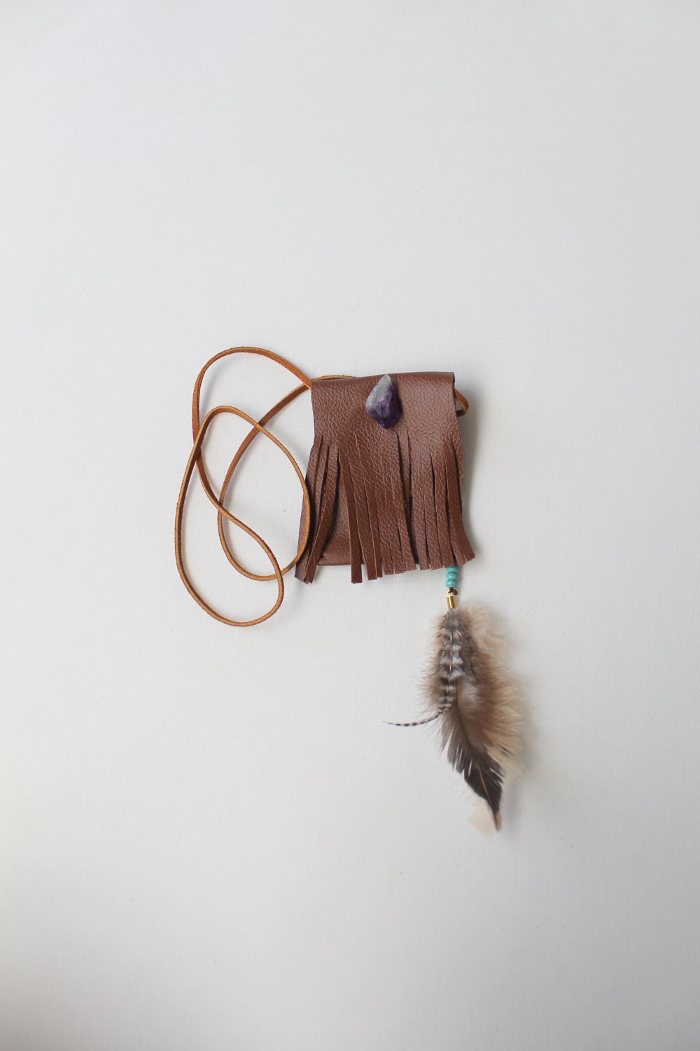 50% OFF SALE  Leather Medicine Bag Amethyst Turquoise and Feathers