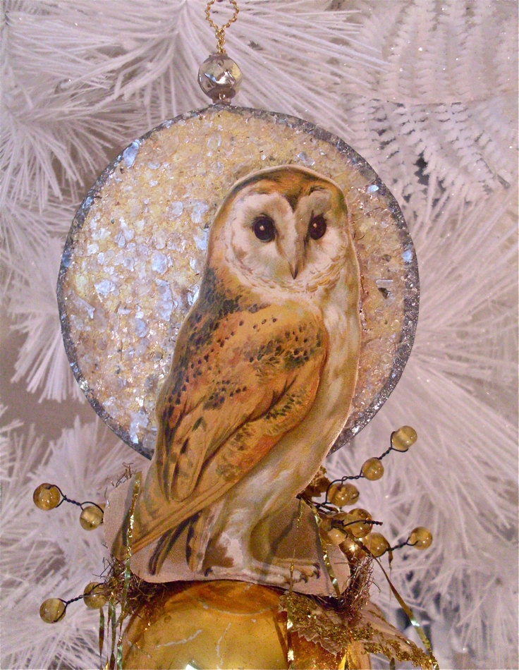 Victorian Owl and Moon Christmas Ornament With Antique Scrap and Vintage Mercury Glass Ornament