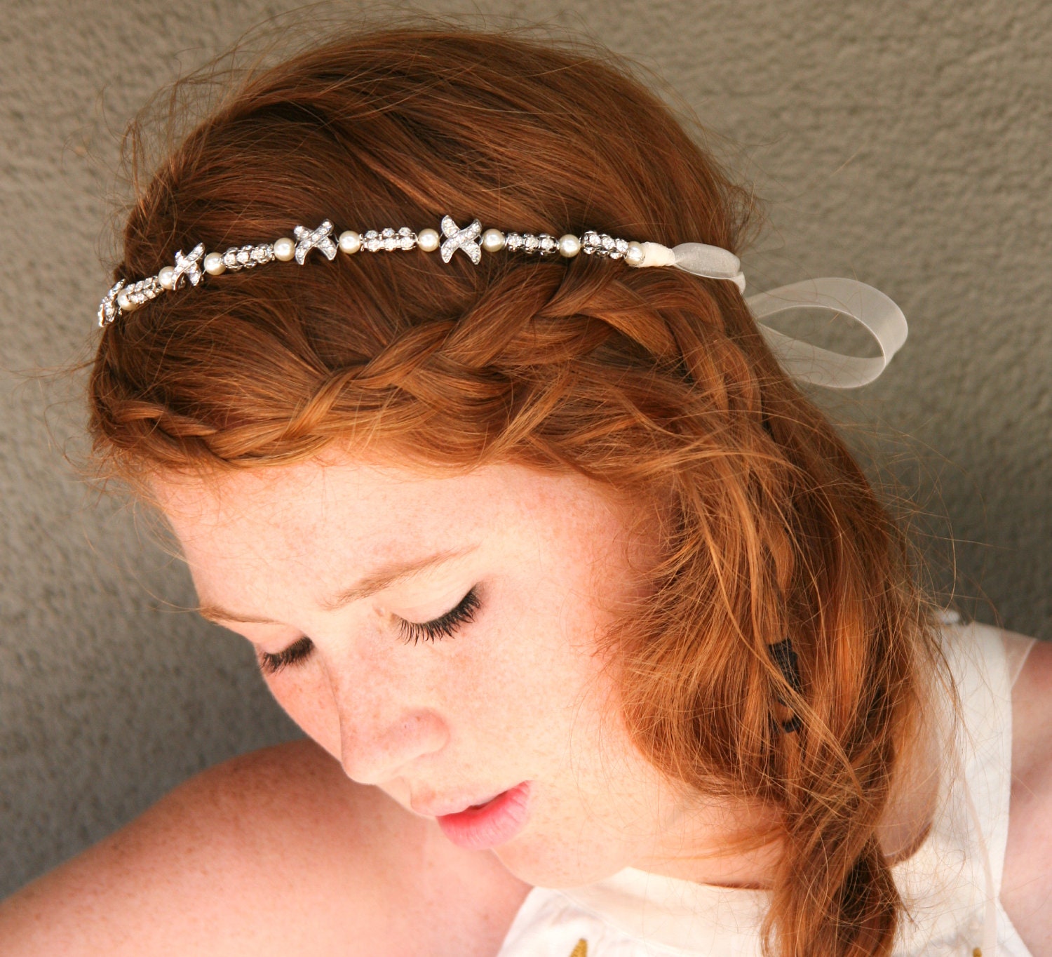 Rhinestone and pearl ribbon tie wedding headband, wedding hair