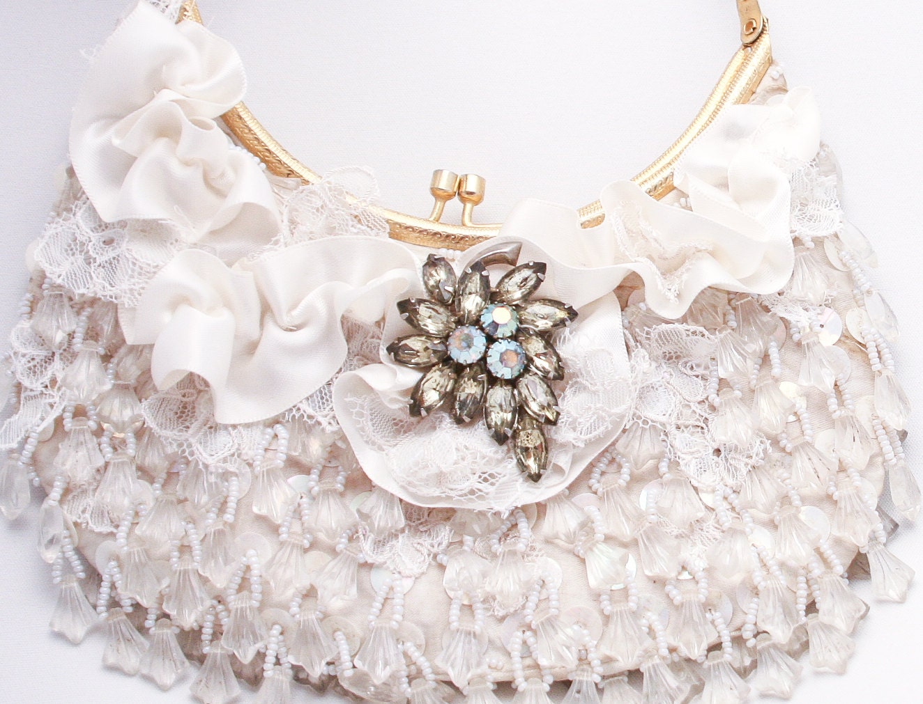 Up-cycled ivory Beaded Vintage Purse, wedding clutch