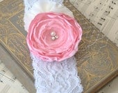 Codi - Pink Fabric Flower with Pearls and Rhinestones on White Lace Headband