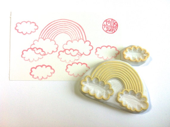 rainbow rubber stamp. hand carved rubber stamp. rainbow and cloud stamp. set of 2.  READY TO SHIP