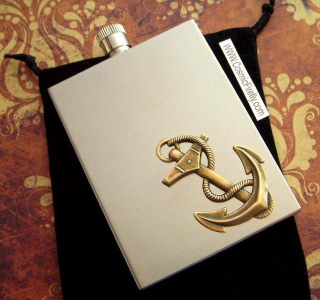 Anchor Flask Nautical Steampunk Vintage Inspired Rectangular Square Edges Silver Stainless Steel & Antiqued Brass Anchor