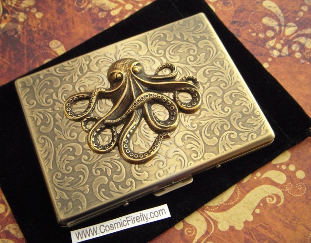 Big Octopus Cigarette Case Oversized Business Card Holder Gothic Victorian Steampunk Vintage Inspired Antiqued Gold Brass Tone Metal Wallet