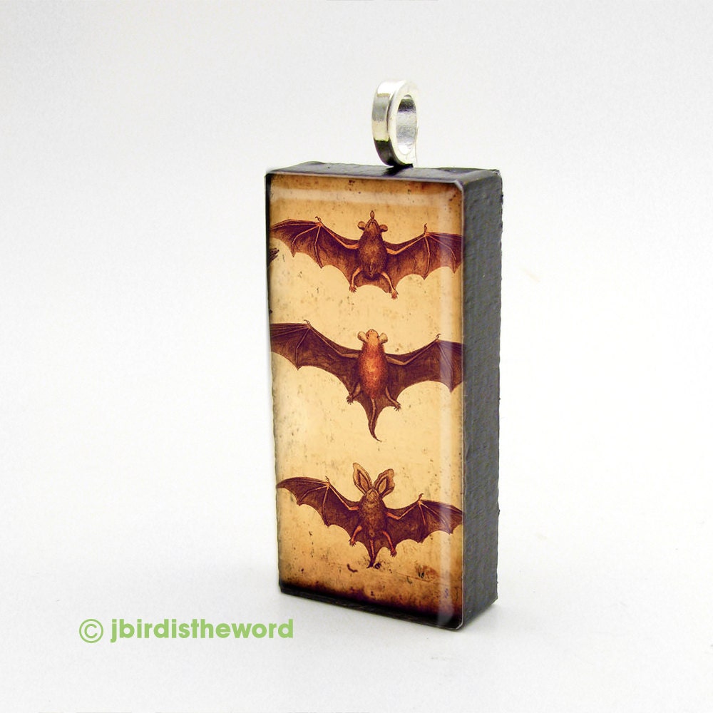 3 Bats pendant on upcycled domino