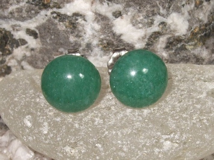 Green 10mm Aventurine Stud Type Earrings Earings Titanium Posts and Clutches Hypo Allergenic Handcrafted Vitality