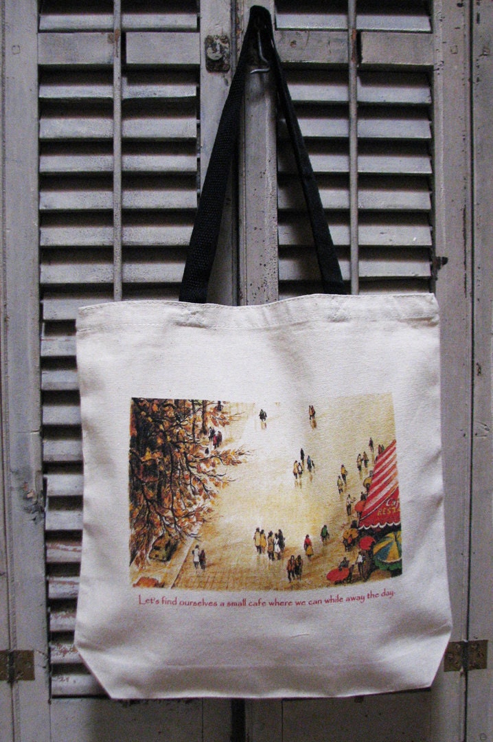 vintage design SMALL CAFE cotton canvas tote bag