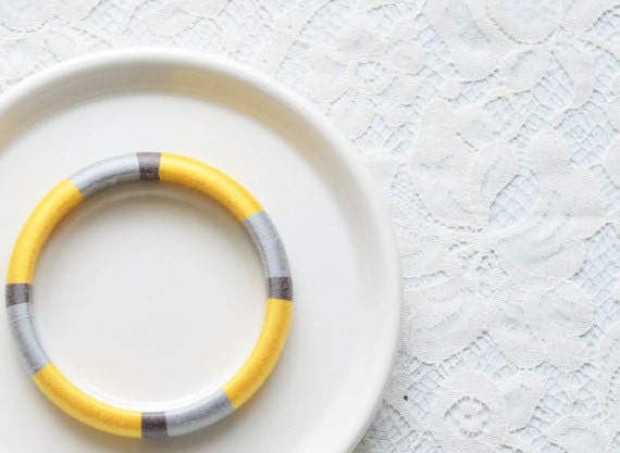 Yellow. Grey. Taupe. African Inspired Thread Bangle Bracelet - no. 507A