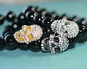 Black Agate Gemstone Bracelet with Rhinestone Pave' Skull Head