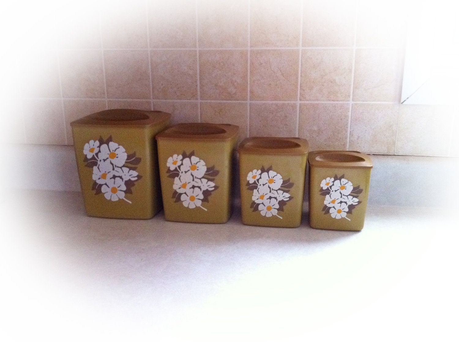 Vintage 1970s Avocado Green Kitchen Canisters Container Set