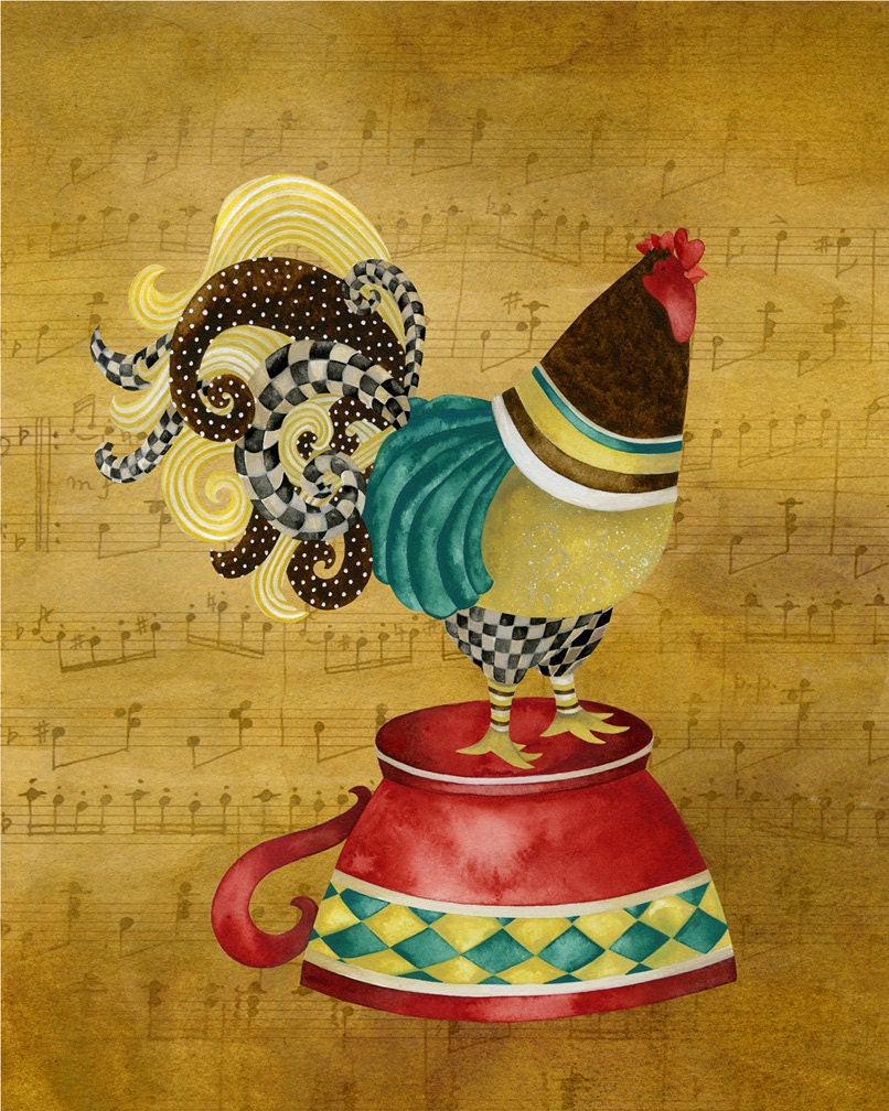 Art Print 8x10. Musical Rooster Pour Me Some Coffee