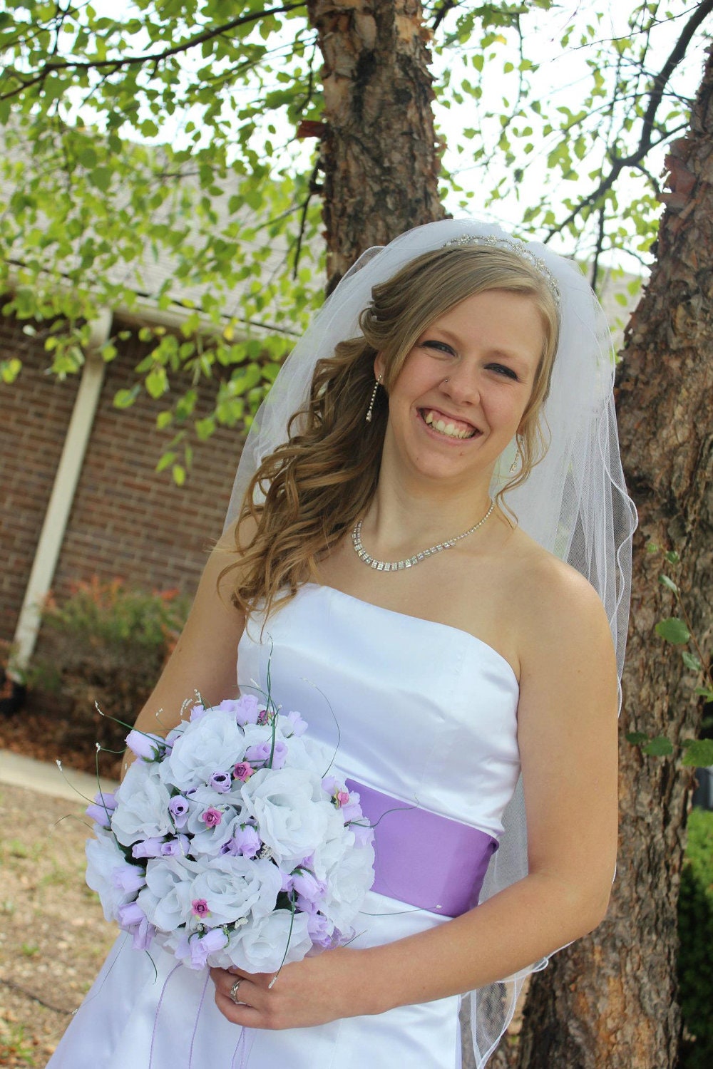 Strapless Wedding Gown "Leah", Satin Wedding Dress with Train, Flower Trim, Color Sash CUSTOM MADE long wedding dress