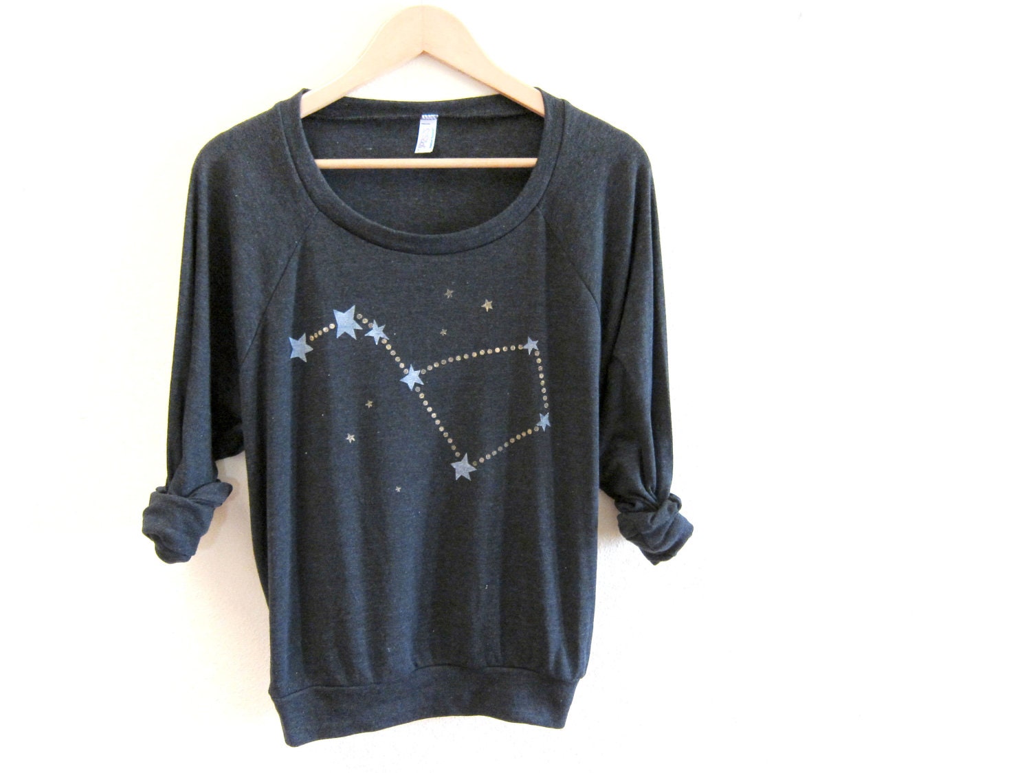 Big Dipper HAND STENCILED Slouchy Eco Heather Deep Scoop Neck Lightweight Sweatshirt in Heather Black and Gold - S M L XL