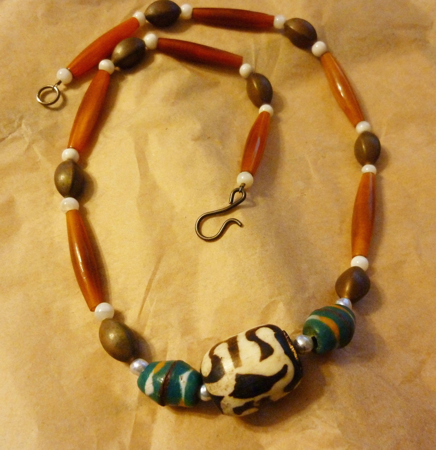 African Batik and Vintage Powdered Glass Trade Bead Necklace