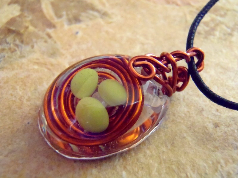 Wire Bird Nest Necklace Green Clay Eggs Resin Nature Pendant Tiny Small Oval Shiny Colorful Amber  Boho Necklace Bohemian Jewelry