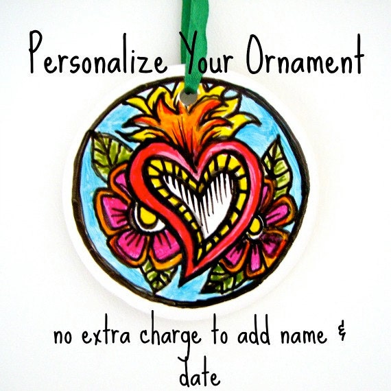 Sacred Heart Ornament Ceramic Folk Art Flowers Pink Blue Hand Painted Personalize Customize Home Decor Holiday Decor