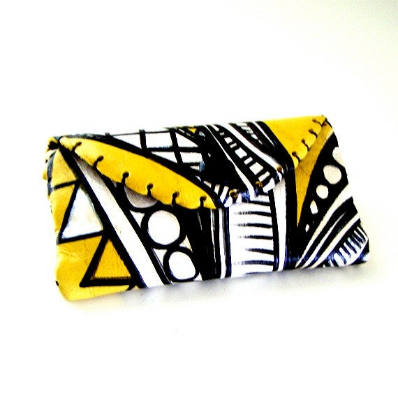 Leather Wallet Hand Painted Yellow Black Modern Triangles Circles Geometric Mustard White Stripes handmade by sewZinski