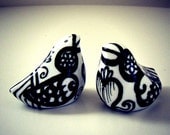 Love Birds Salt and Pepper Shakers Ceramic Black & White Folk Art Hand Painted Stripes Hearts Flowers Wedding Cake Topper - MADE TO ORDER