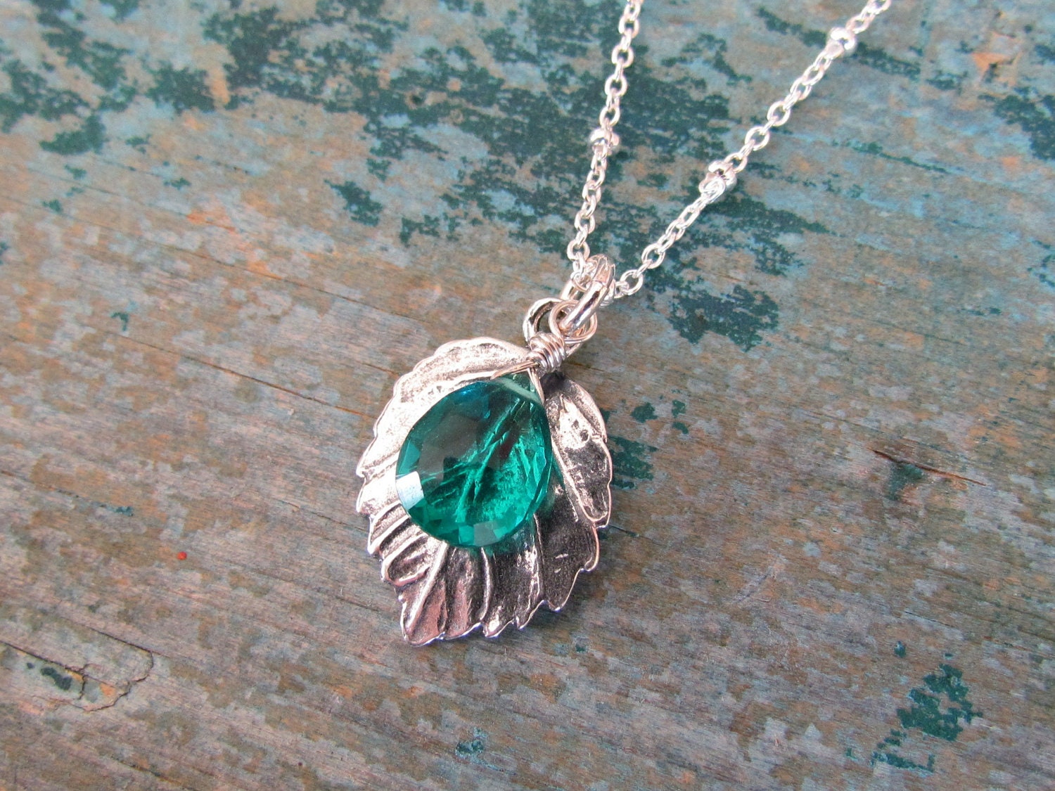 Silver leaf necklace - teal green quartz stone, sterling silver pendant, nature inspired - simple everyday wear