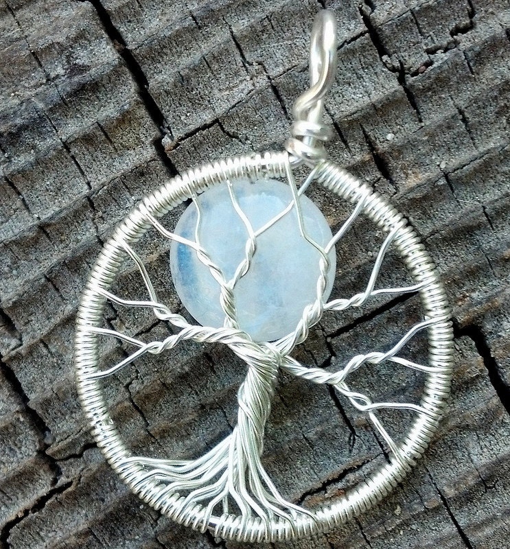 Small Moon Tree Pendant - Rainbow Moonstone and Recycled Sterling Silver