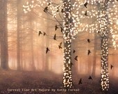 Nature Photography, Surreal Sparkling Twinkling Fantasy Woodlands, Dreamy Trees and Birds, Autumn Nature Fine Art Photo 8" x 10"