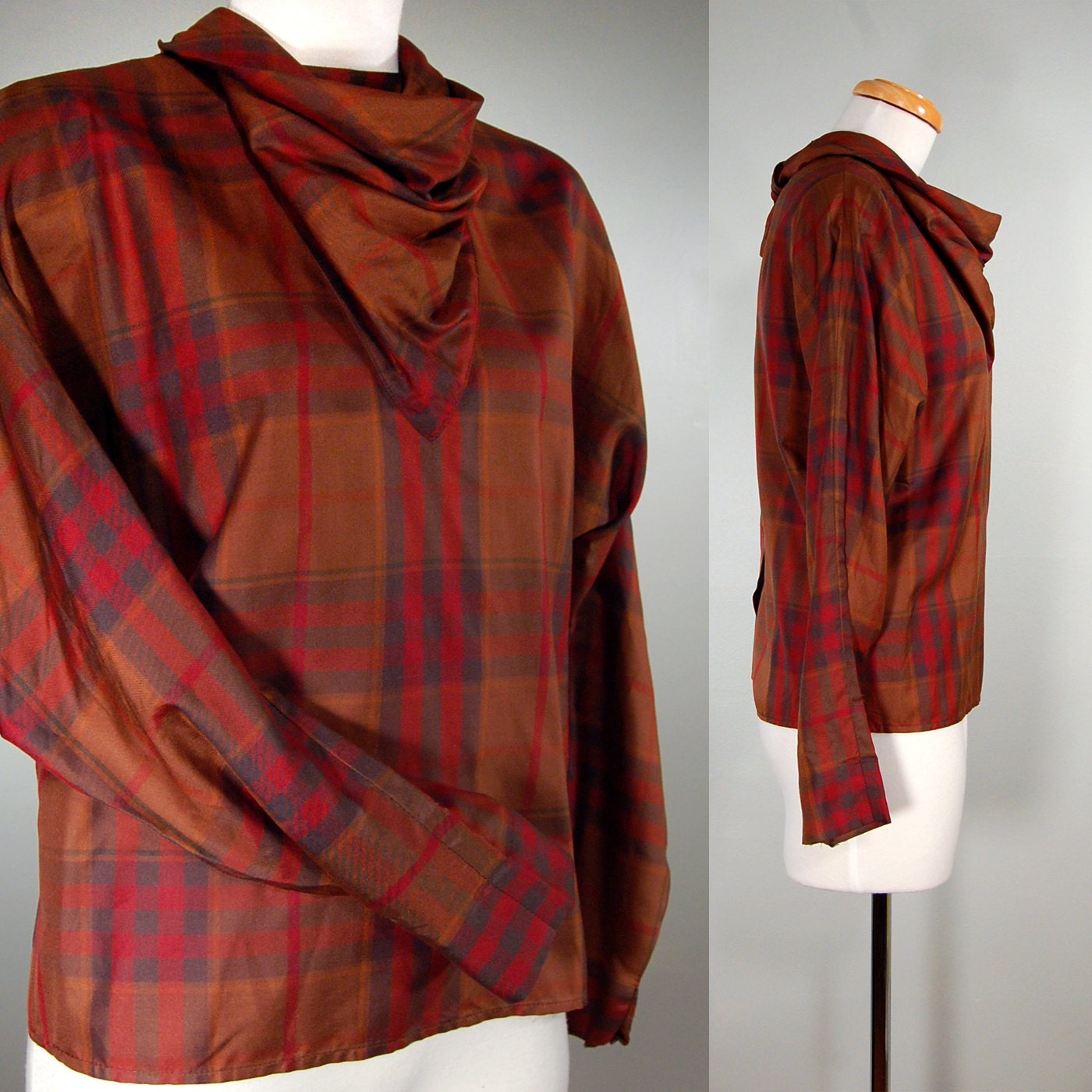 1980's Chocolate Plaid Silk Bandana Blouse, XS/S