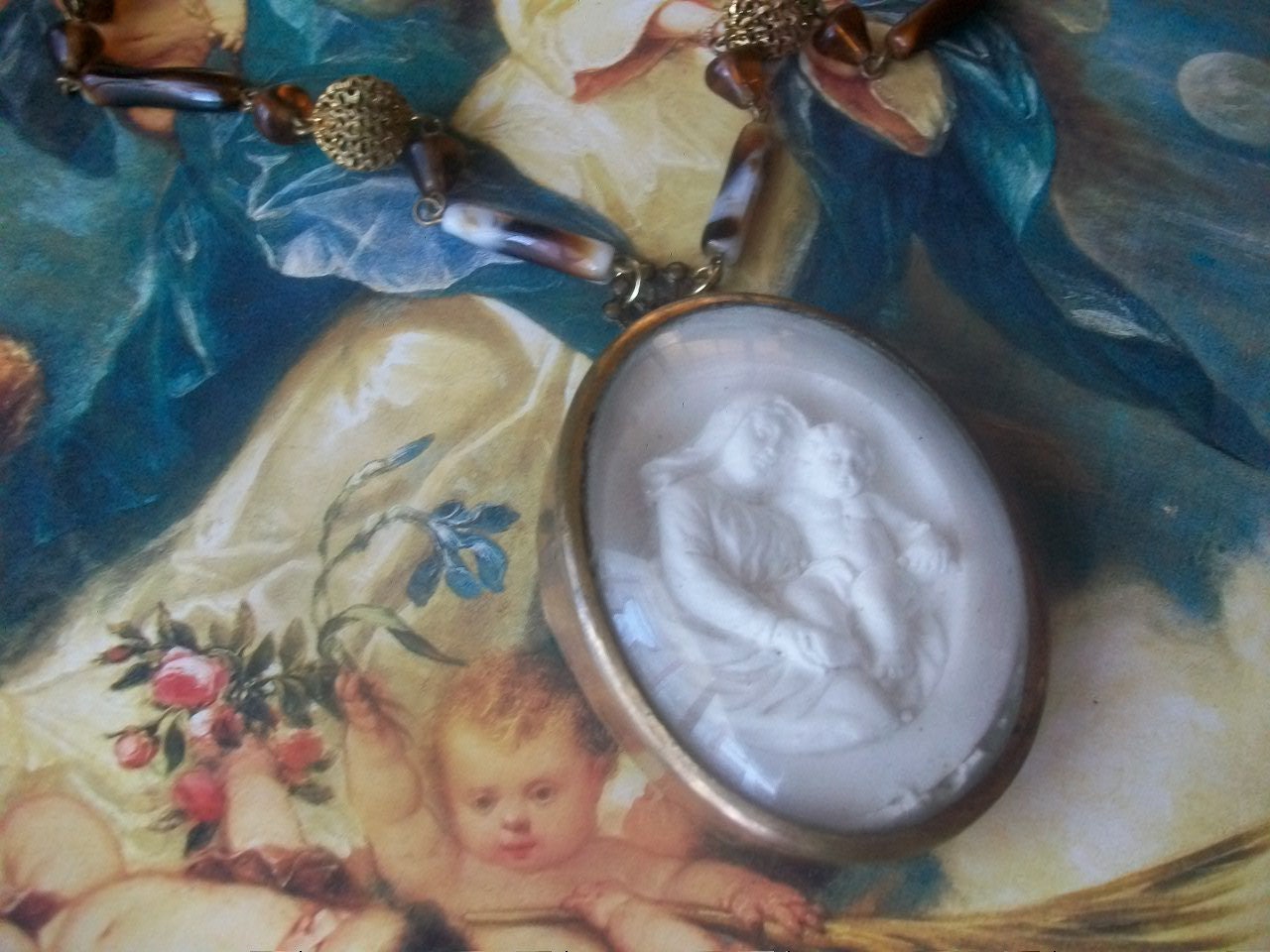 Gorgeous Antique French Meerschaum  Madonna And Child Medallion Pendant Necklace, Assemblage Necklace