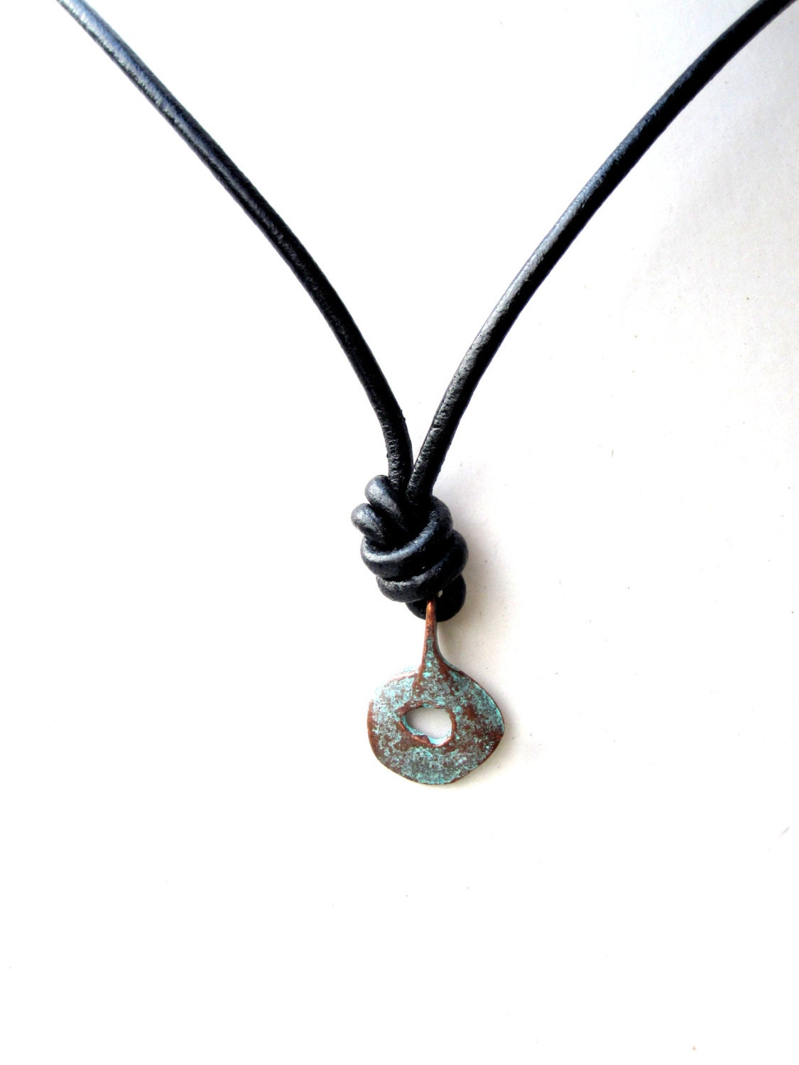 Rustic Leather Necklace Copper Ring Pendant Necklace  Knot Necklace