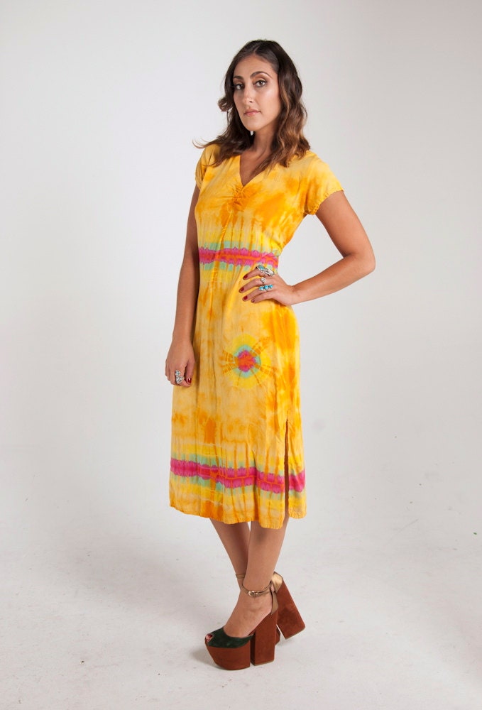 Vintage 80s Yellow Tie Dye Dress