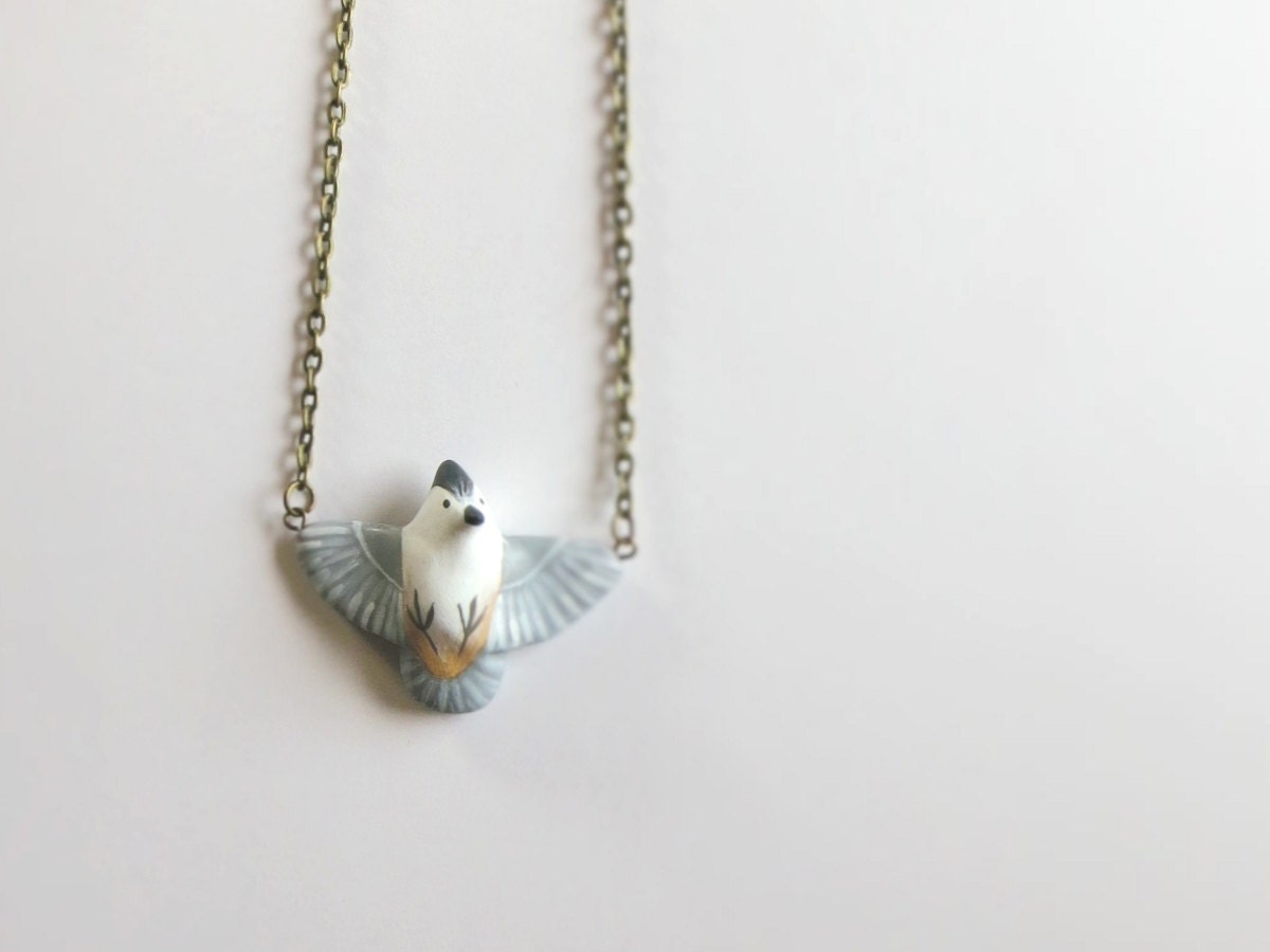 Black Crested Titmouse in flight necklace